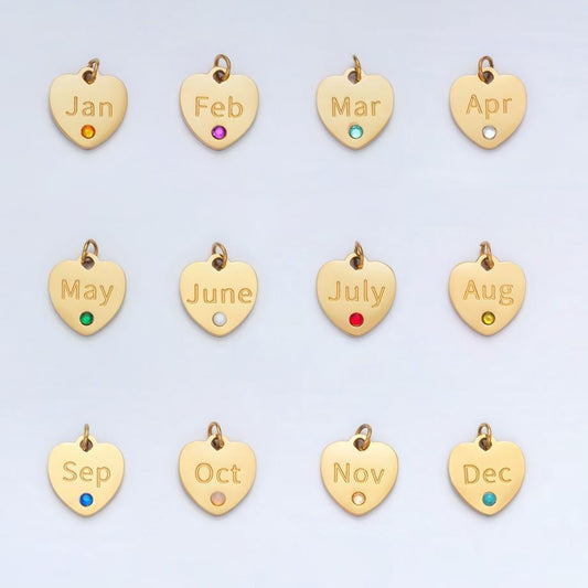 Dainty heart gold stainless steel birthstone cz personalized charm for birthday jewelry gift idea | p1023