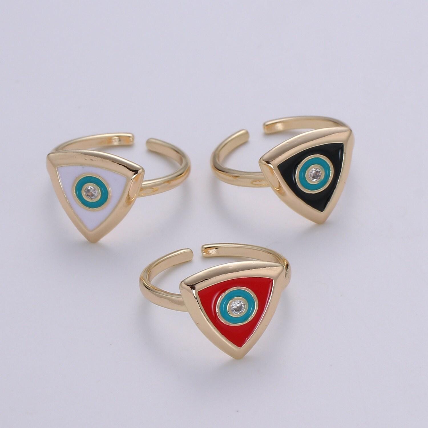 1x evil eye ring ,gold open adjustable ring minimalist jewelry enamel triangle ring everyday wear white black red o335