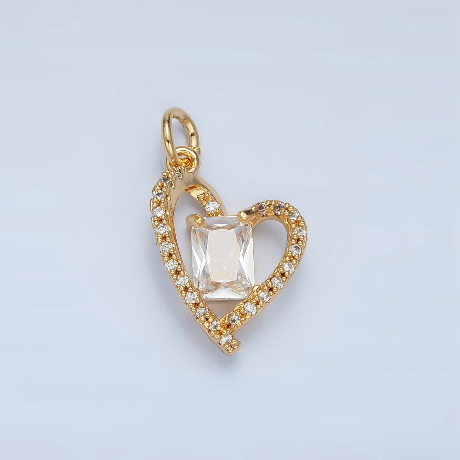 Cz baguette in open cz paved heart gold filled heart charm | n-1477