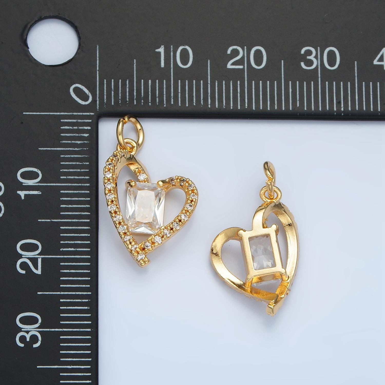 Cz baguette in open cz paved heart gold filled heart charm | n-1477
