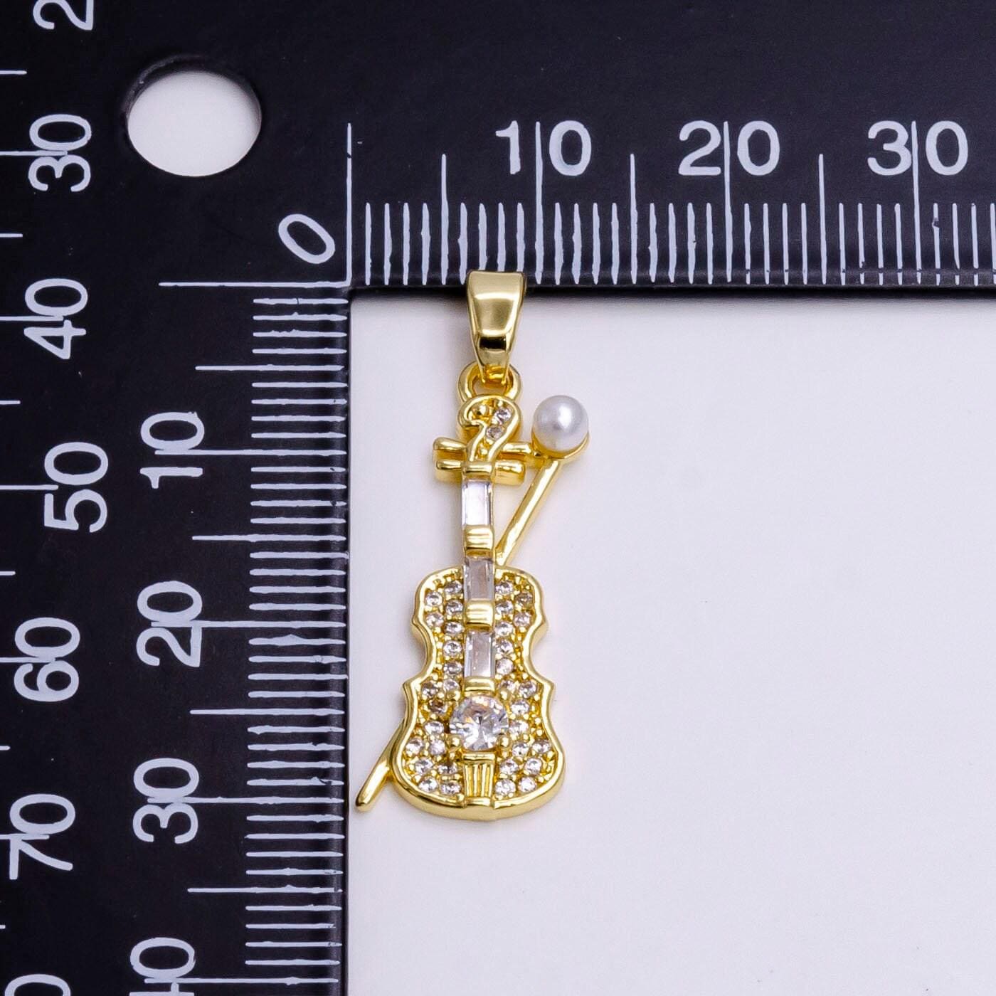 14k gold filled violin music instrument pearl clear baguette micro paved cz pendant | n1458