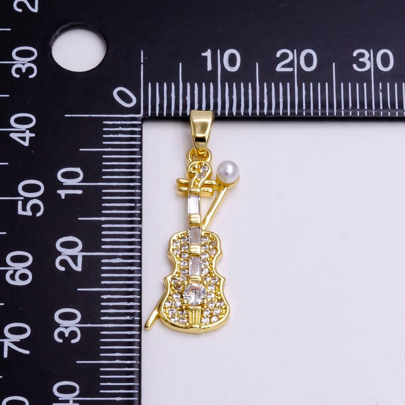 14k gold filled violin music instrument pearl clear baguette micro paved cz pendant | n1458