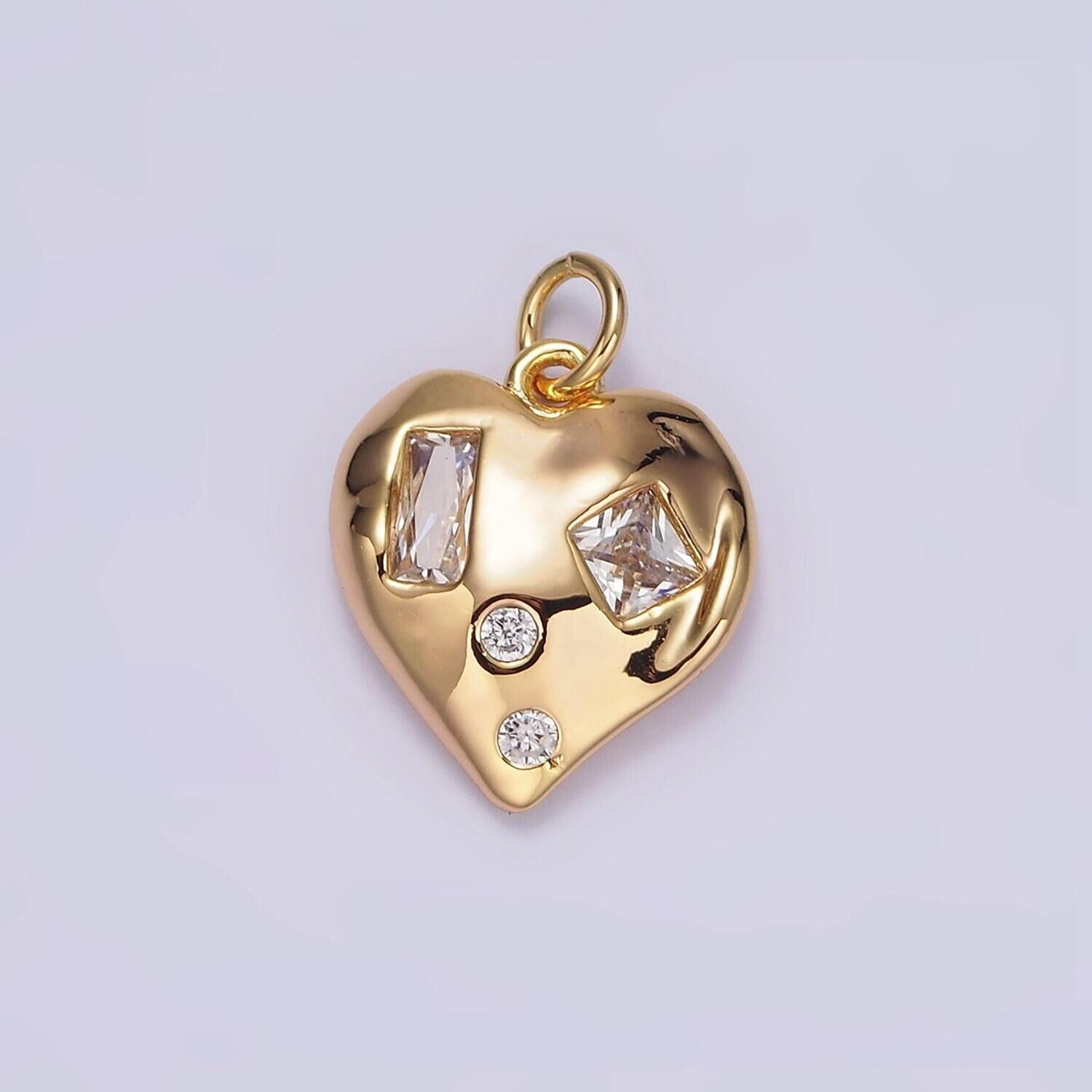 16k gold filled clear baguette dotted cz hammered abstract heart charm | n1010