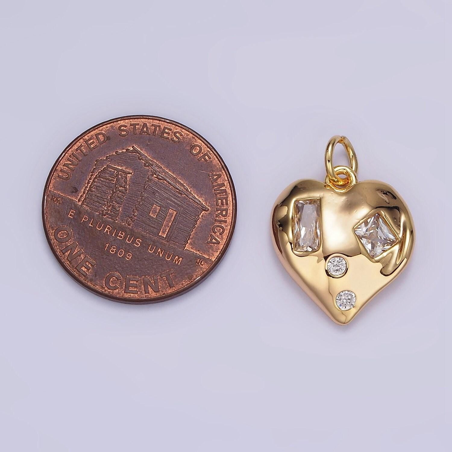 16k gold filled clear baguette dotted cz hammered abstract heart charm | n1010