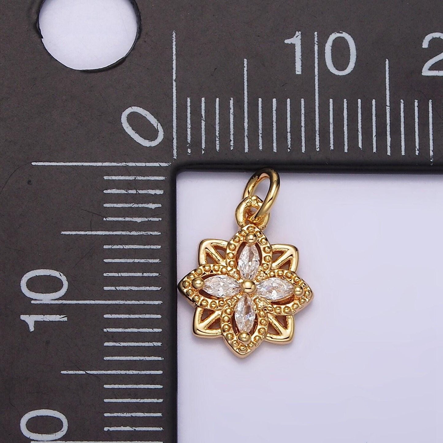 16k gold filled clear marquise cz beaded flower open square charm | n996