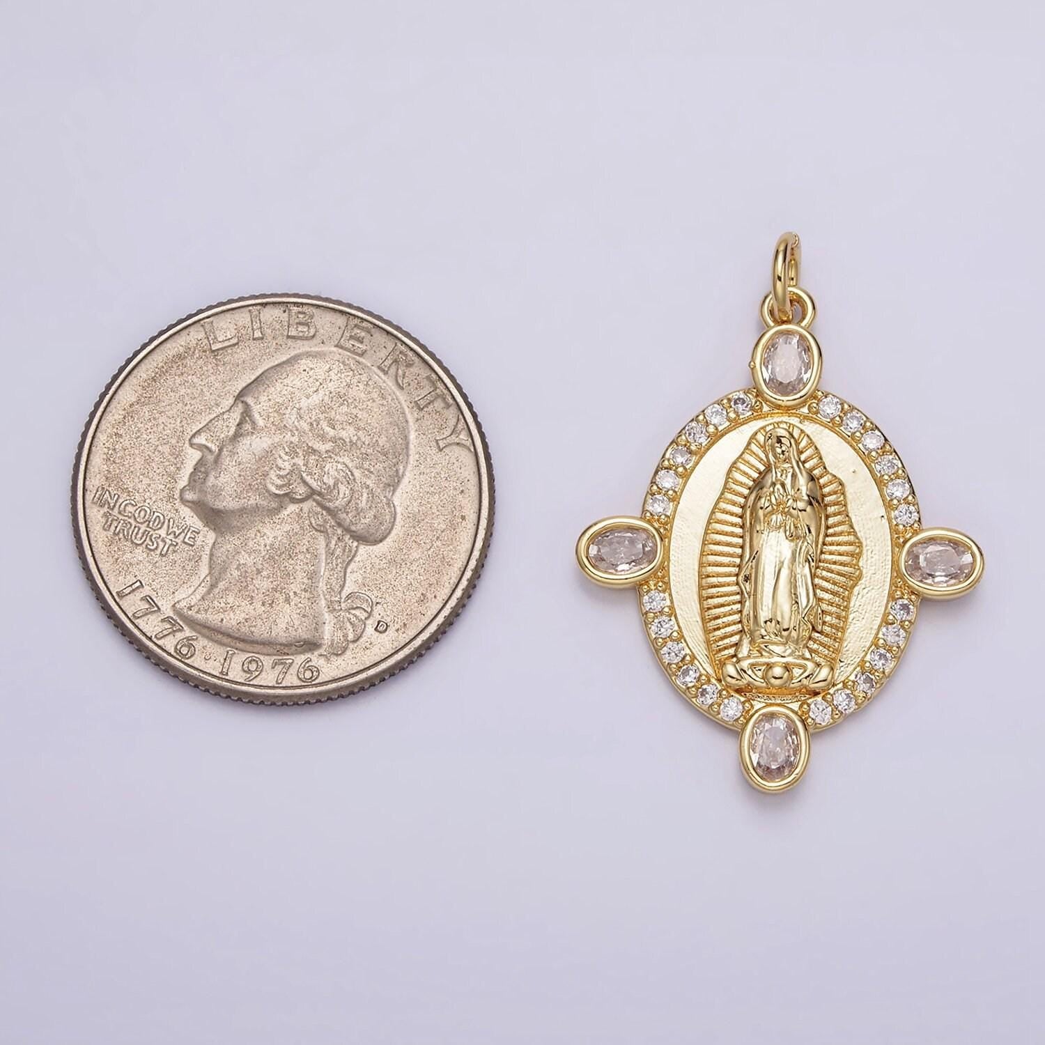 24k gold filled our lady of guadalupe charm virgin mary lady of lourdes catholic bijoux oval medallion micro pave cz charm | n-990