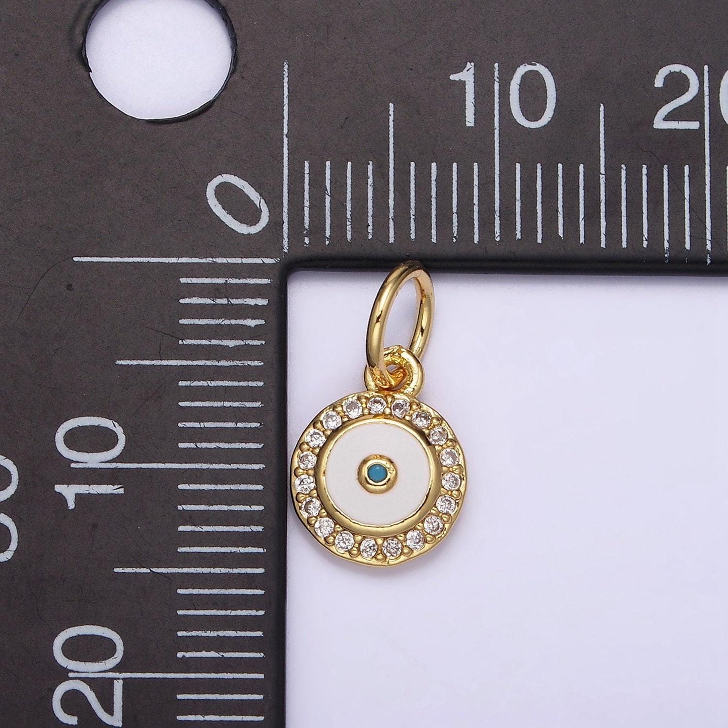 1x gold enamel eye charms, white enamel eye, gold cubic eye charm in round disc charm medallion for necklace dainty amulet n985