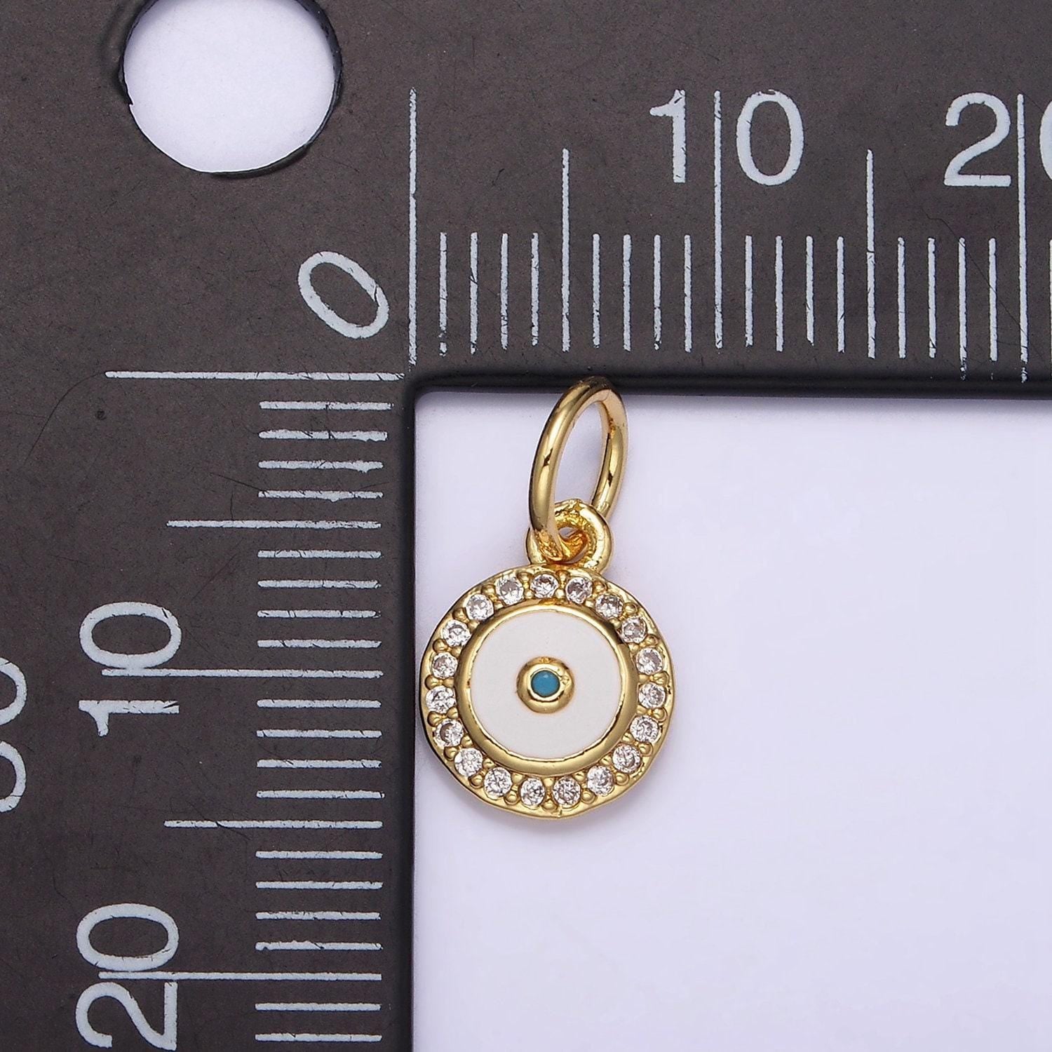 1x gold enamel eye charms, white enamel eye, gold cubic eye charm in round disc charm medallion for necklace dainty amulet n985