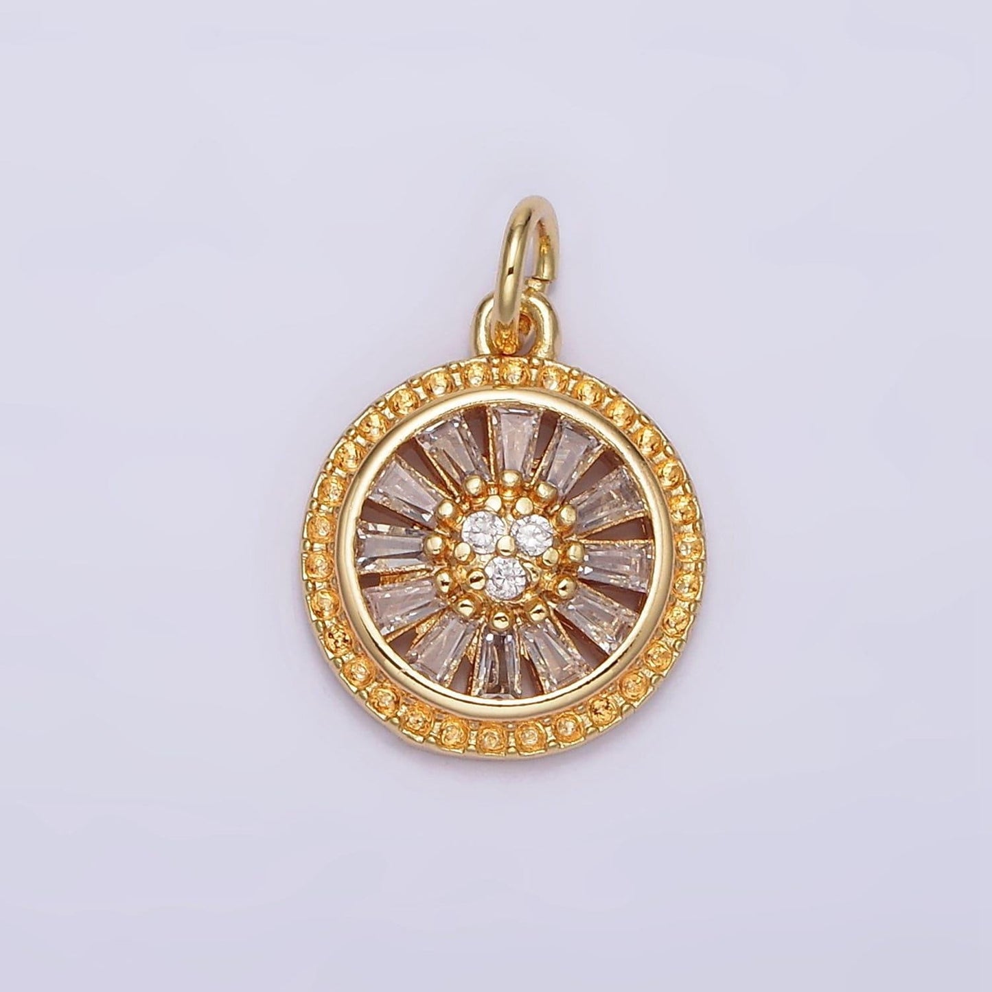 16k gold filled clear cz baguette open dotted outline round charm | n939
