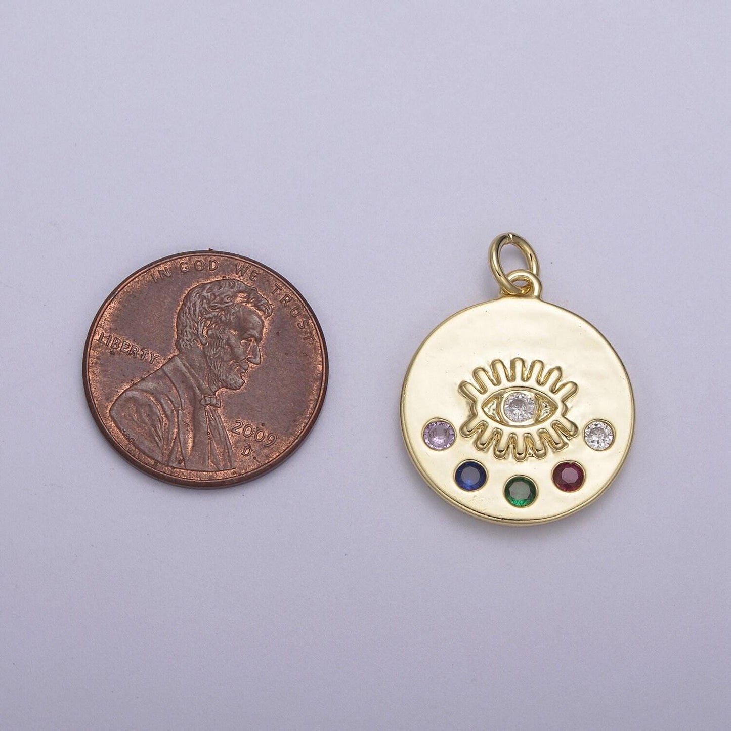 Tiny evil eye medallion with 5 multi color cz 14k gold filled | diy pendant charm necklace bracelet earring | n-929