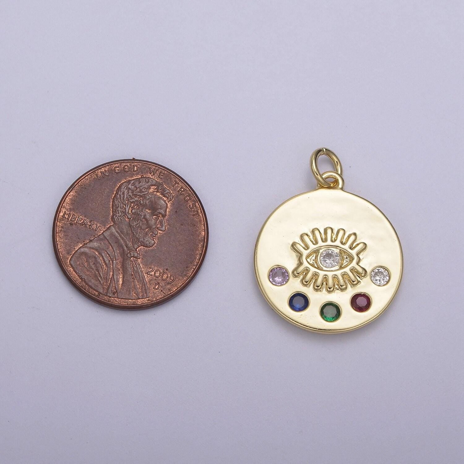 Tiny evil eye medallion with 5 multi color cz 14k gold filled | diy pendant charm necklace bracelet earring | n-929