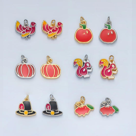 24k gold filled enamel charm for thanksgiving fall charm inspired bracelet necklace add-on charm turkey pumpkin squirrel pendant | n791