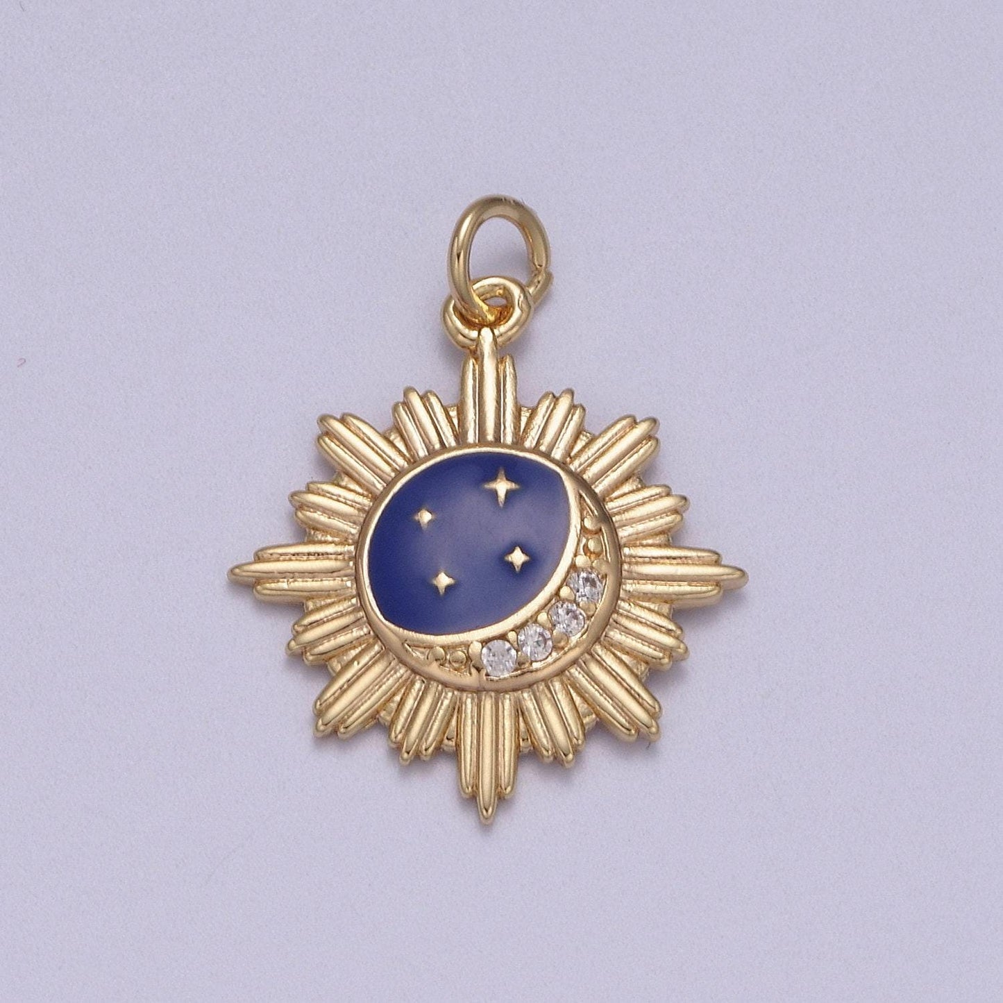 Dainty sunburst crescent moon stars medallion w/ micro cz paved blue enamel sky | diy charm piece for necklace bracelet earring | n-919