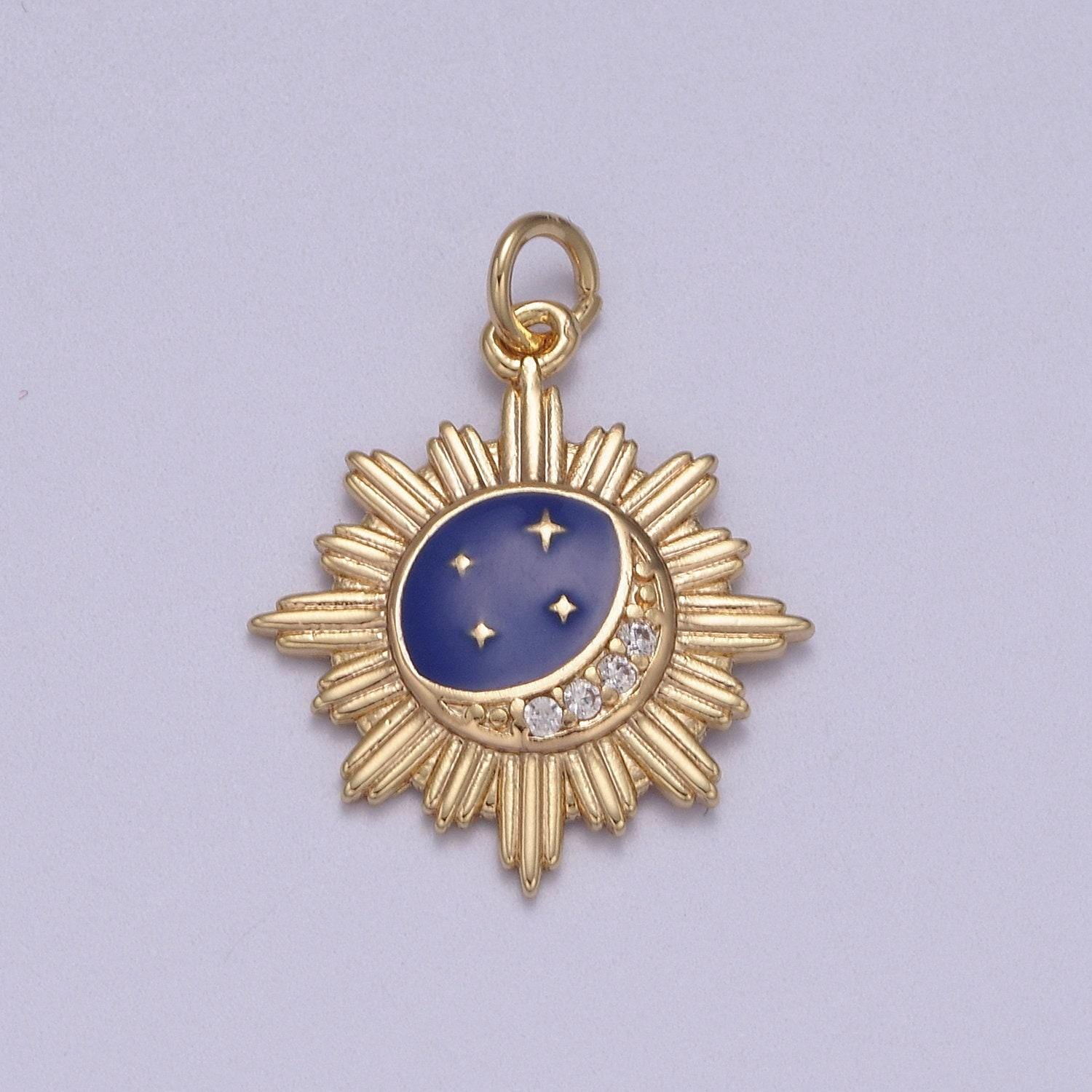 Dainty sunburst crescent moon stars medallion w/ micro cz paved blue enamel sky | diy charm piece for necklace bracelet earring | n-919