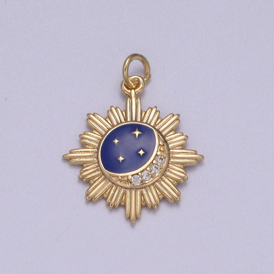 Dainty sunburst crescent moon stars medallion w/ micro cz paved blue enamel sky | diy charm piece for necklace bracelet earring | n-919