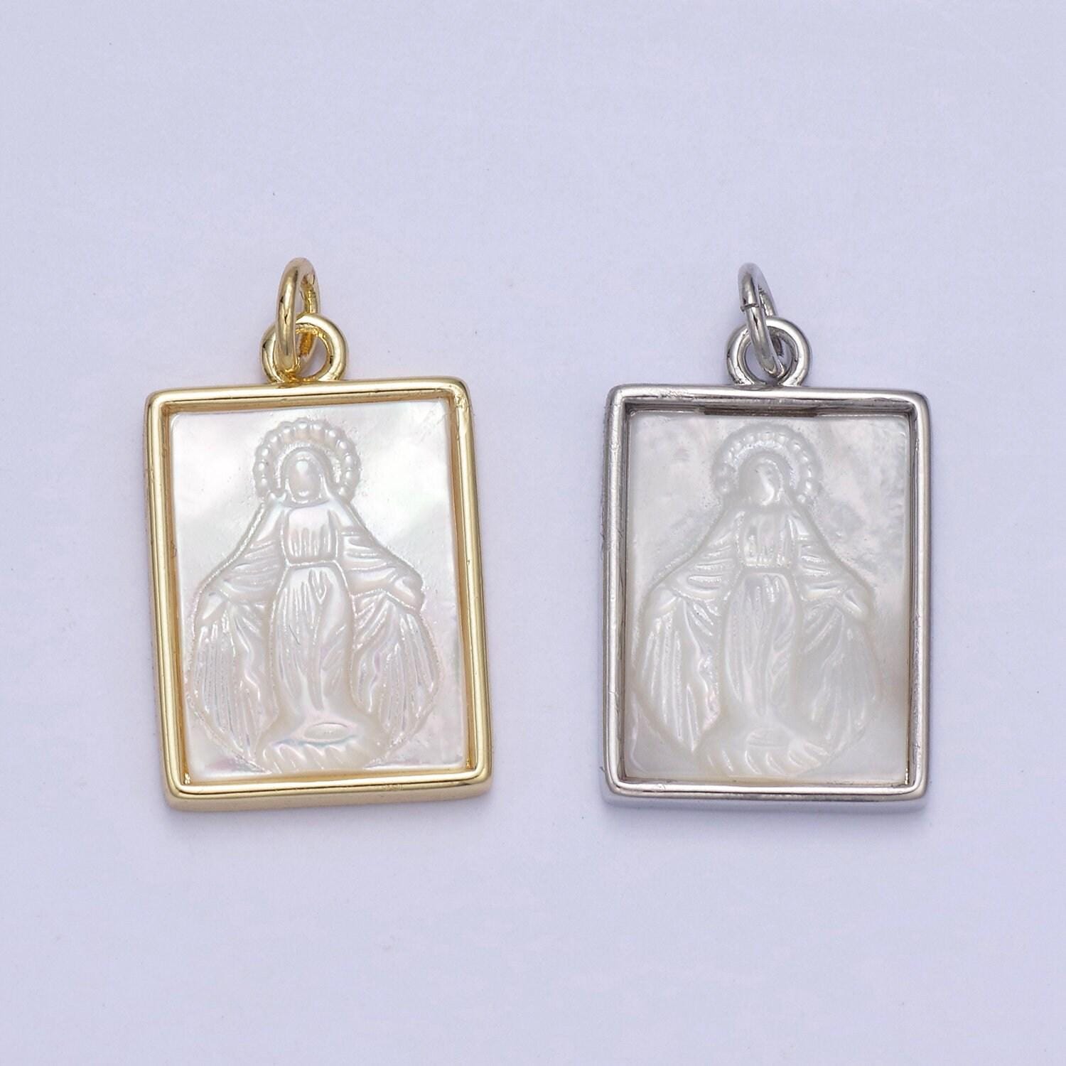 Dainty virgin mary on frame pendant in gold & silver pearl center miraculous lady pendant jewelry necklace | n-860 n-861