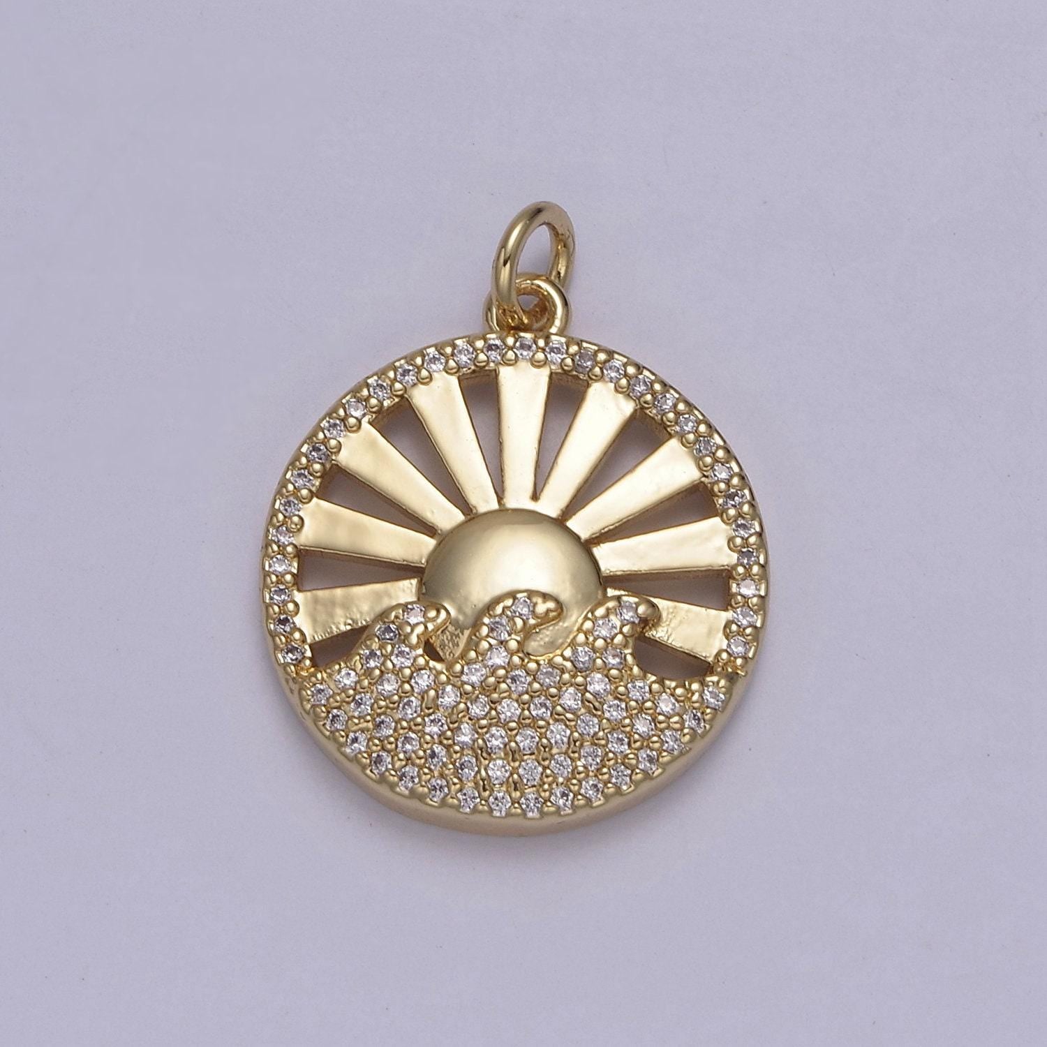 Dainty sun burst with micro pave ocean wave pendant 14k gold filled medallion | diy coin charm necklace bracelet | n-849