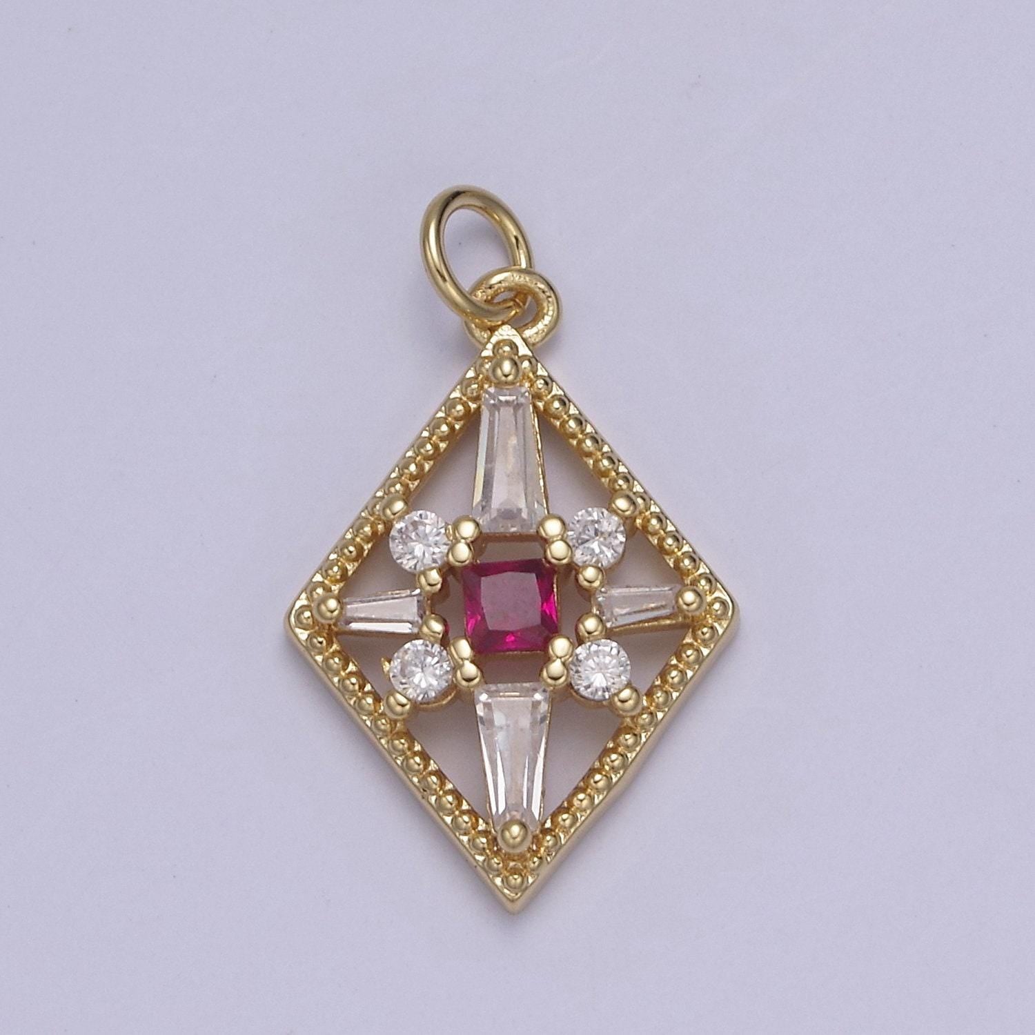 Dainty baguette rhobus geometric shape cz charm, gemstone pendant with 4 color option | diy fashion charm add on necklace bracelet | n-840