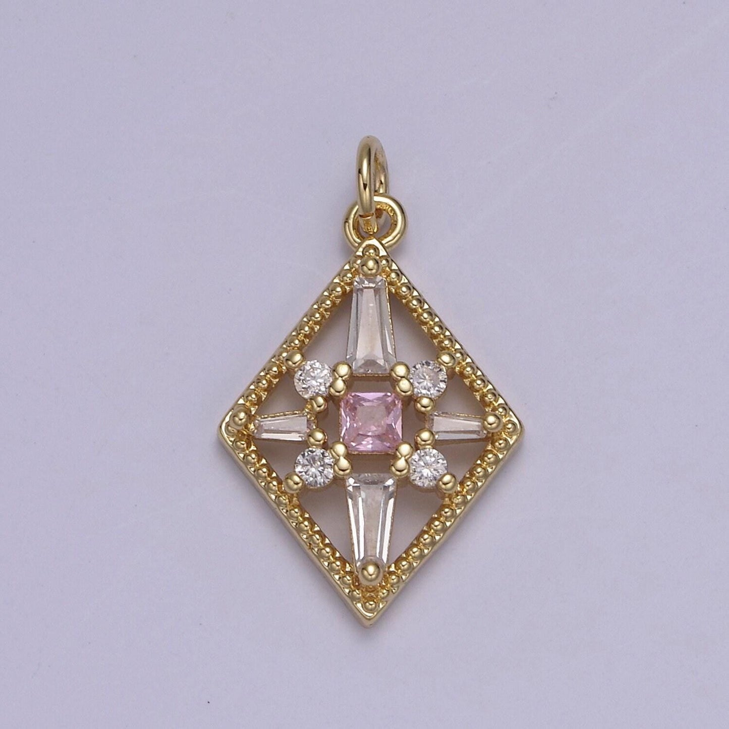 Dainty baguette rhobus geometric shape cz charm, gemstone pendant with 4 color option | diy fashion charm add on necklace bracelet | n-840