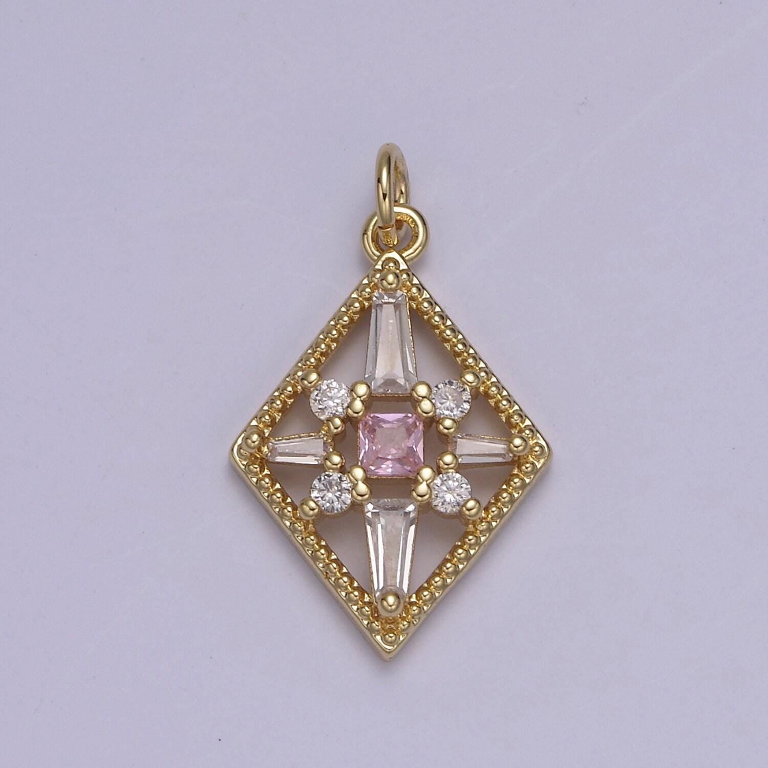 Dainty baguette rhobus geometric shape cz charm, gemstone pendant with 4 color option | diy fashion charm add on necklace bracelet | n-840