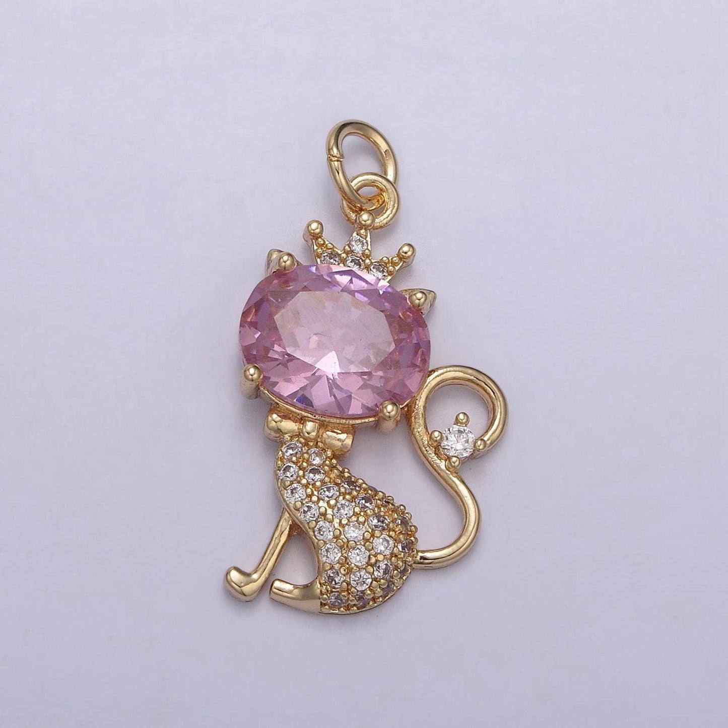 Dainty kitty cat 16k gold pendant, rose pink solitaire cut cz pendant, mini crown paved kitten charm, animal lover charm, n-835