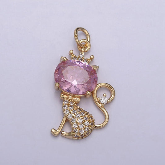 Dainty kitty cat 16k gold pendant, rose pink solitaire cut cz pendant, mini crown paved kitten charm, animal lover charm, n-835