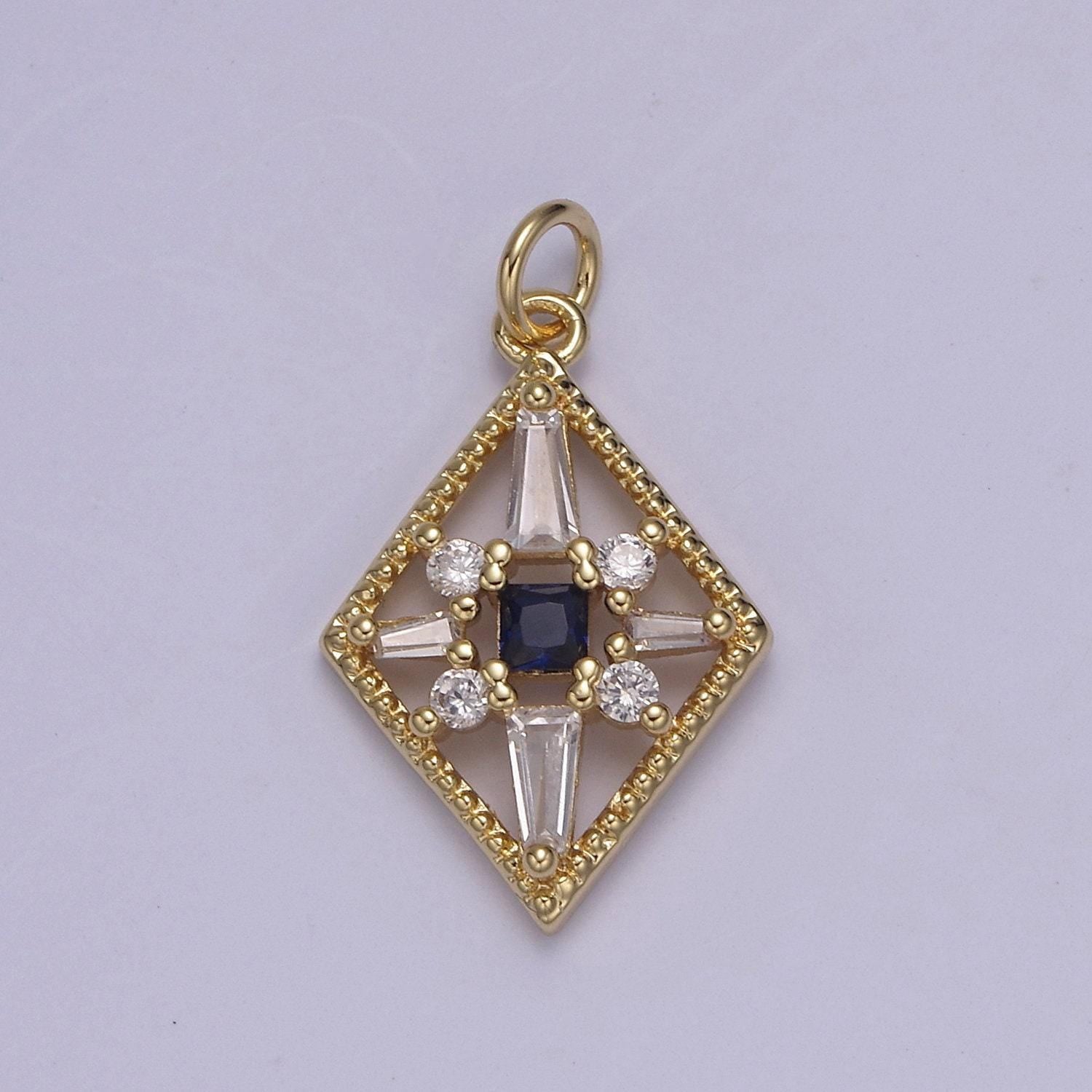 Dainty baguette rhobus geometric shape cz charm, gemstone pendant with 4 color option | diy fashion charm add on necklace bracelet | n-840