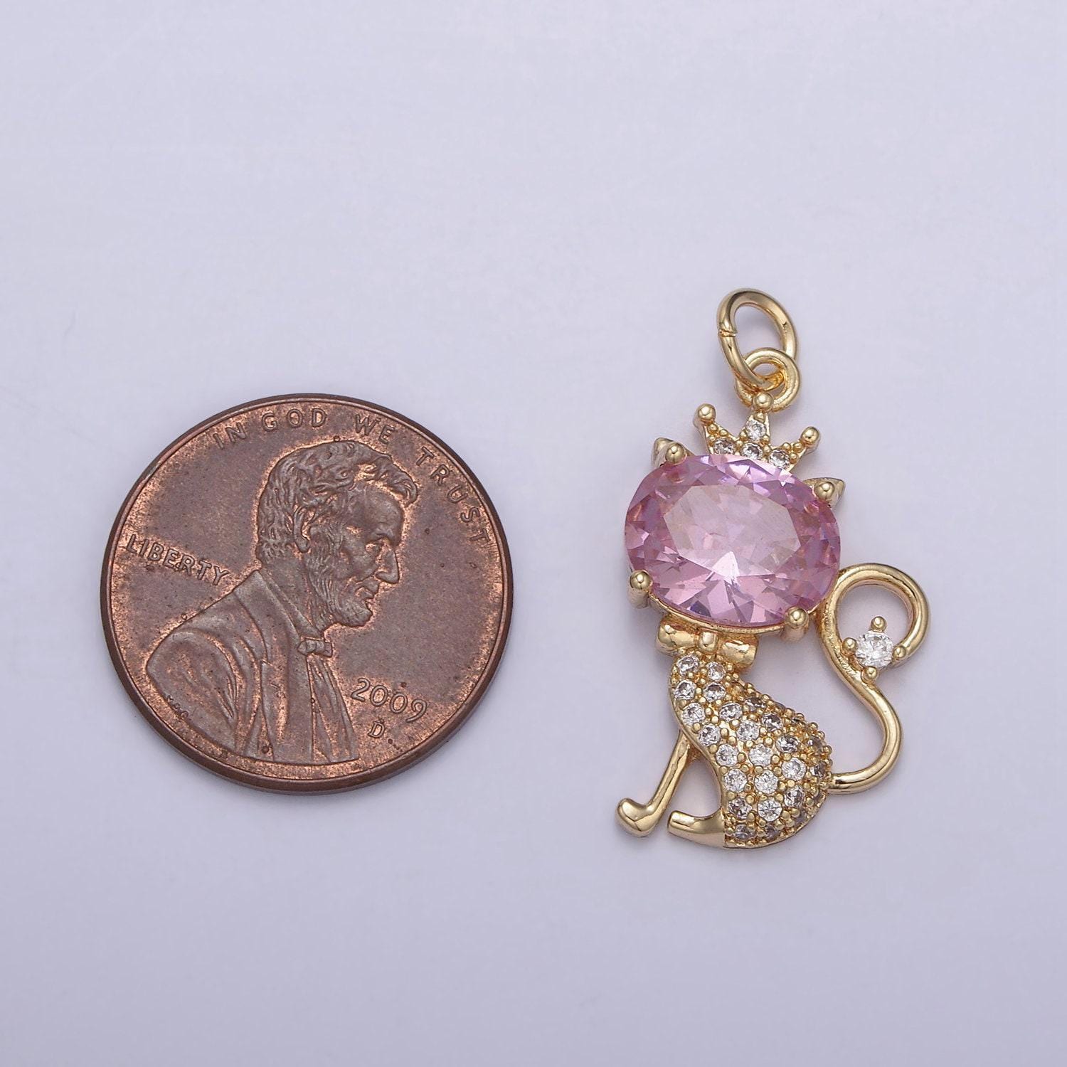 Dainty kitty cat 16k gold pendant, rose pink solitaire cut cz pendant, mini crown paved kitten charm, animal lover charm, n-835