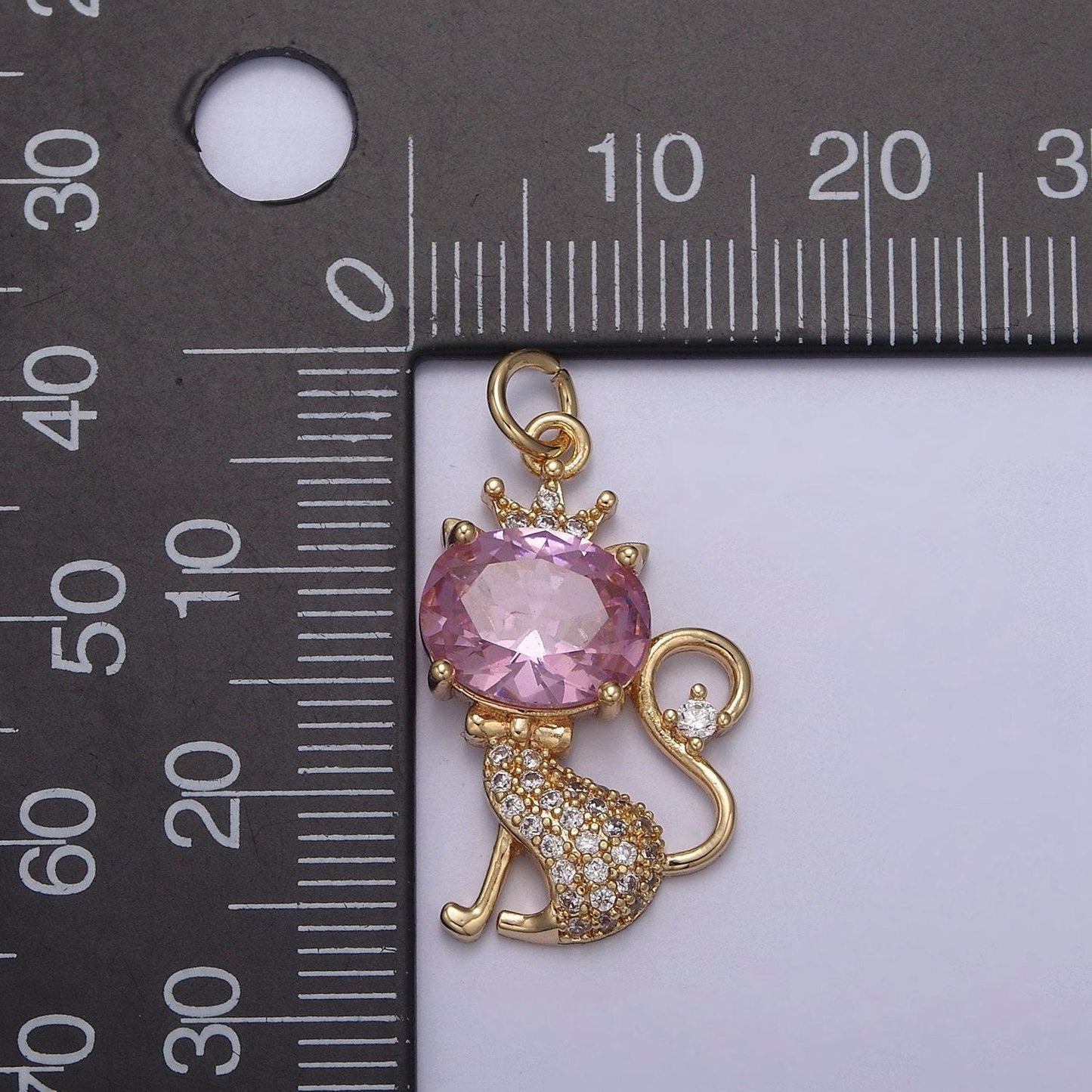 Dainty kitty cat 16k gold pendant, rose pink solitaire cut cz pendant, mini crown paved kitten charm, animal lover charm, n-835