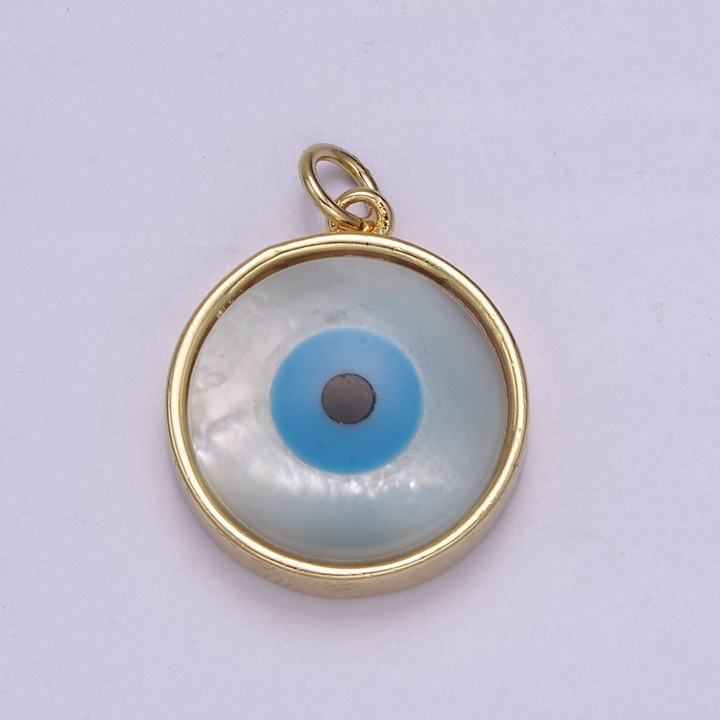 Small round evil eye pendant 14k gold filled rim with natural white shell | diy jewelry charm necklace bracelet | n-833