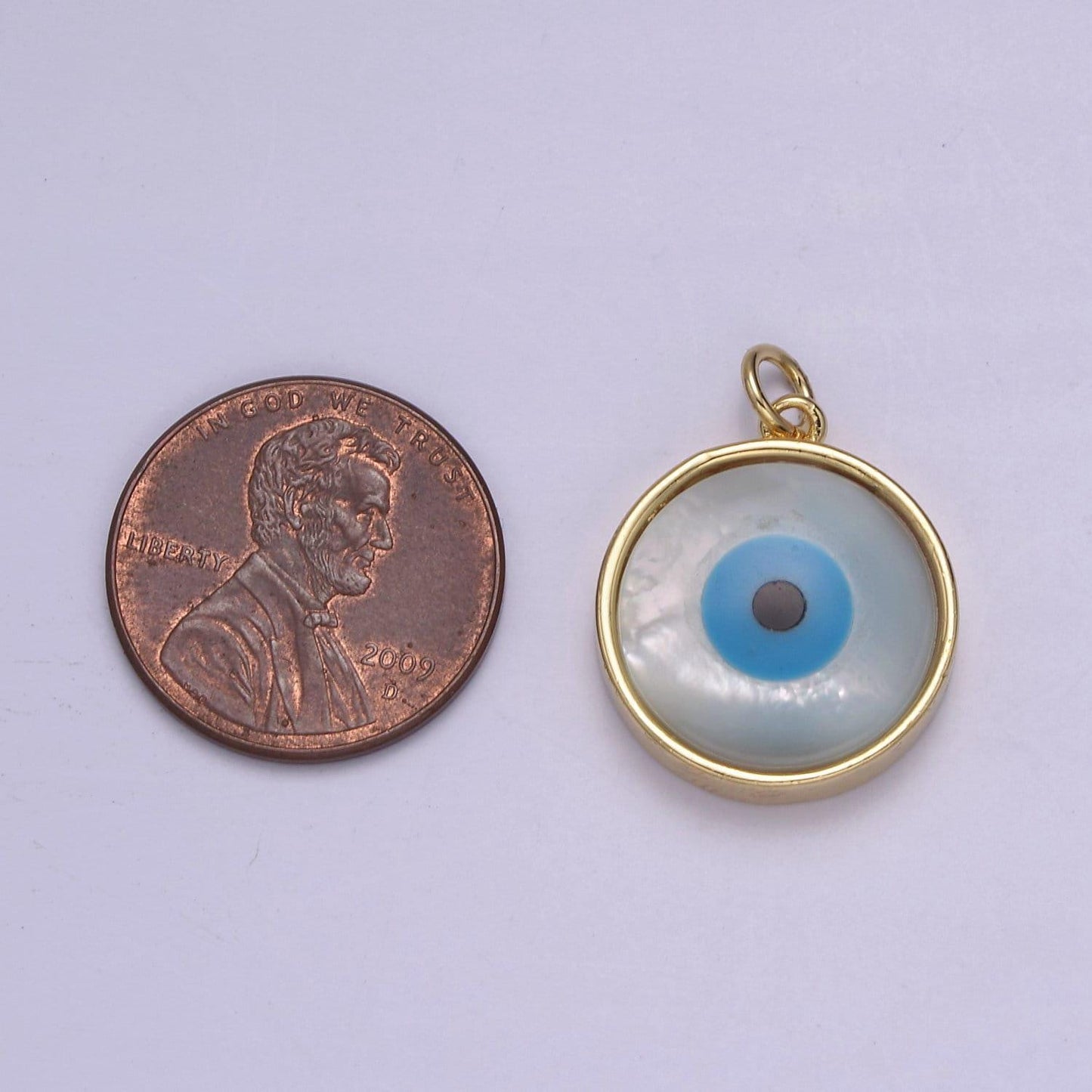 Small round evil eye pendant 14k gold filled rim with natural white shell | diy jewelry charm necklace bracelet | n-833