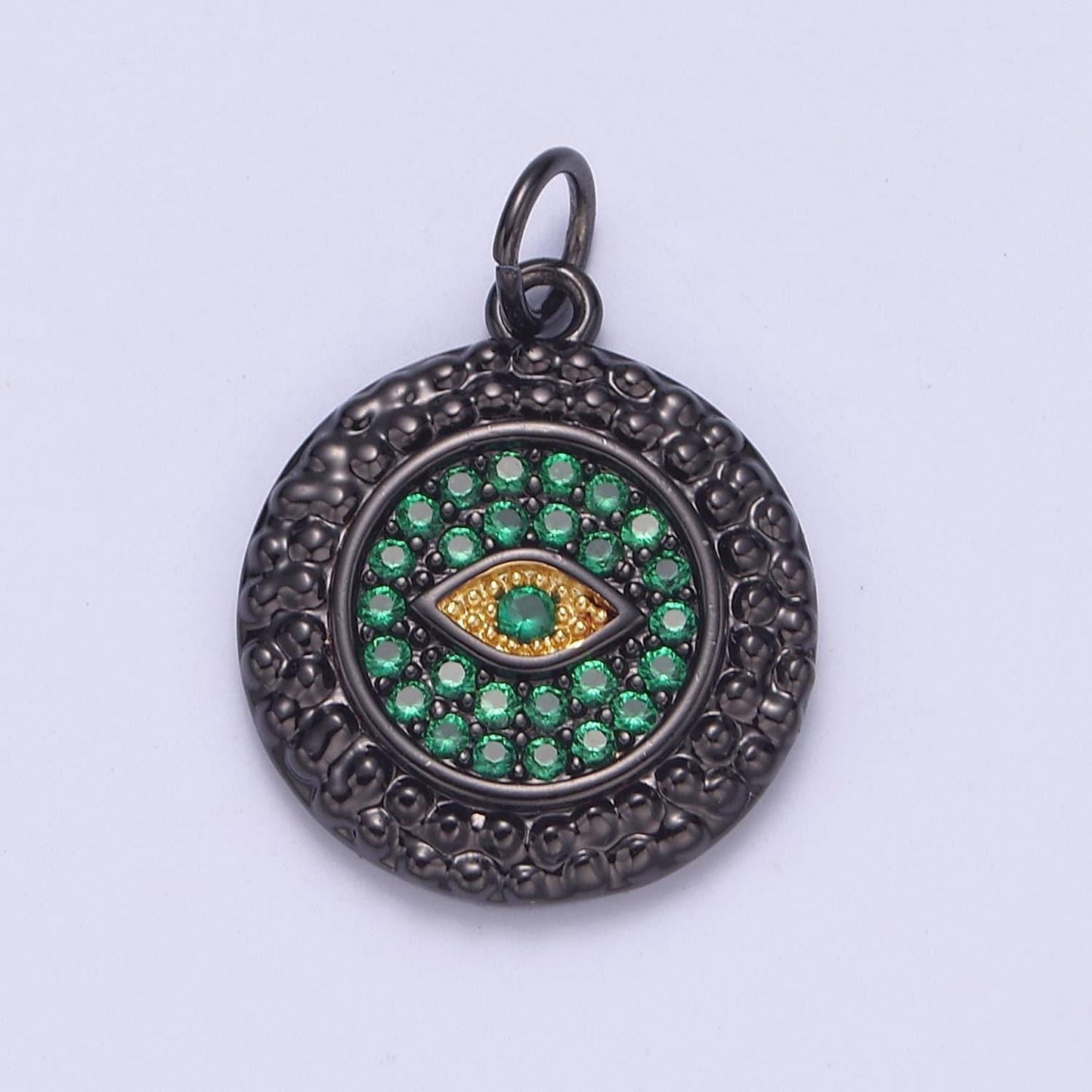 Mini gunmetal black green cz paved evil eye medallion charm piece, diy round coin amulet component necklace bracelet earrings| n-832
