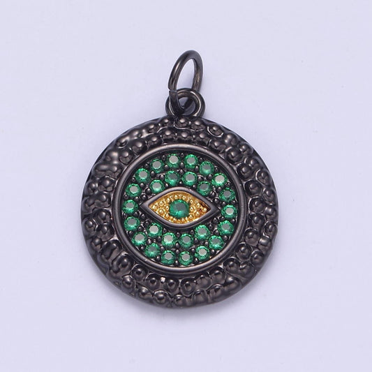 Mini gunmetal black green cz paved evil eye medallion charm piece, diy round coin amulet component necklace bracelet earrings| n-832