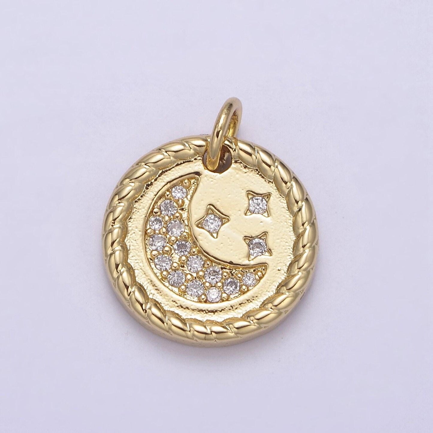 Small crescent moon and stars celestial charm 24k gold paved cz charm bracelet diy piece mini pendant amulet n-810