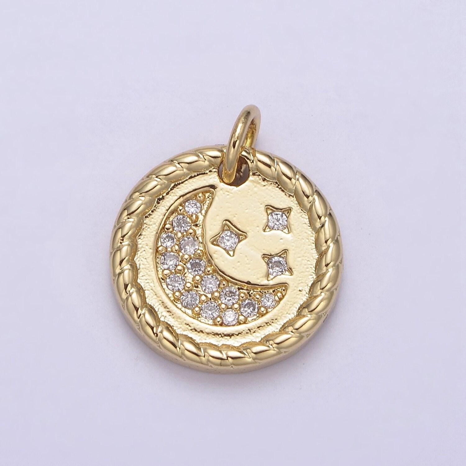 Small crescent moon and stars celestial charm 24k gold paved cz charm bracelet diy piece mini pendant amulet n-810