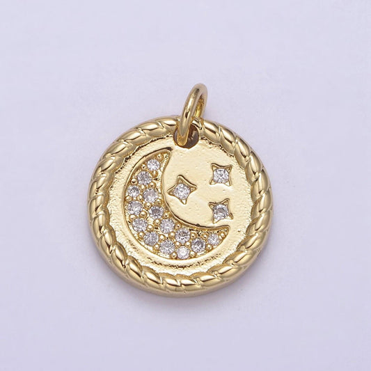 Small crescent moon and stars celestial charm 24k gold paved cz charm bracelet diy piece mini pendant amulet n-810