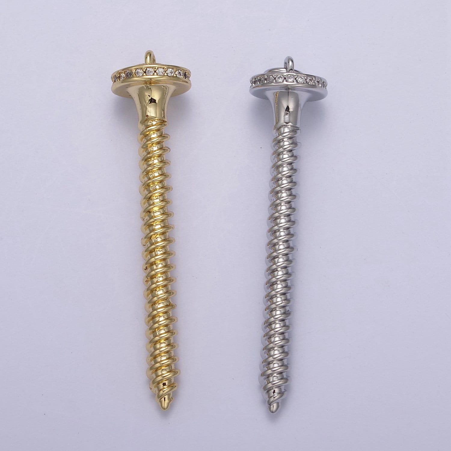Dainty long screw nail pendant in gold/silver cz micro pave | diy fashion jewelry charm add on necklace bracelet earring | n-788 n-789
