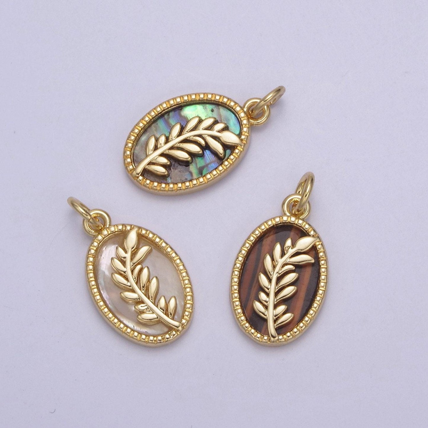 14k gold filled pearl, tiger eye, abalone shell charm pendant olive branch charm for floral necklace bracelet jewelry making n-770