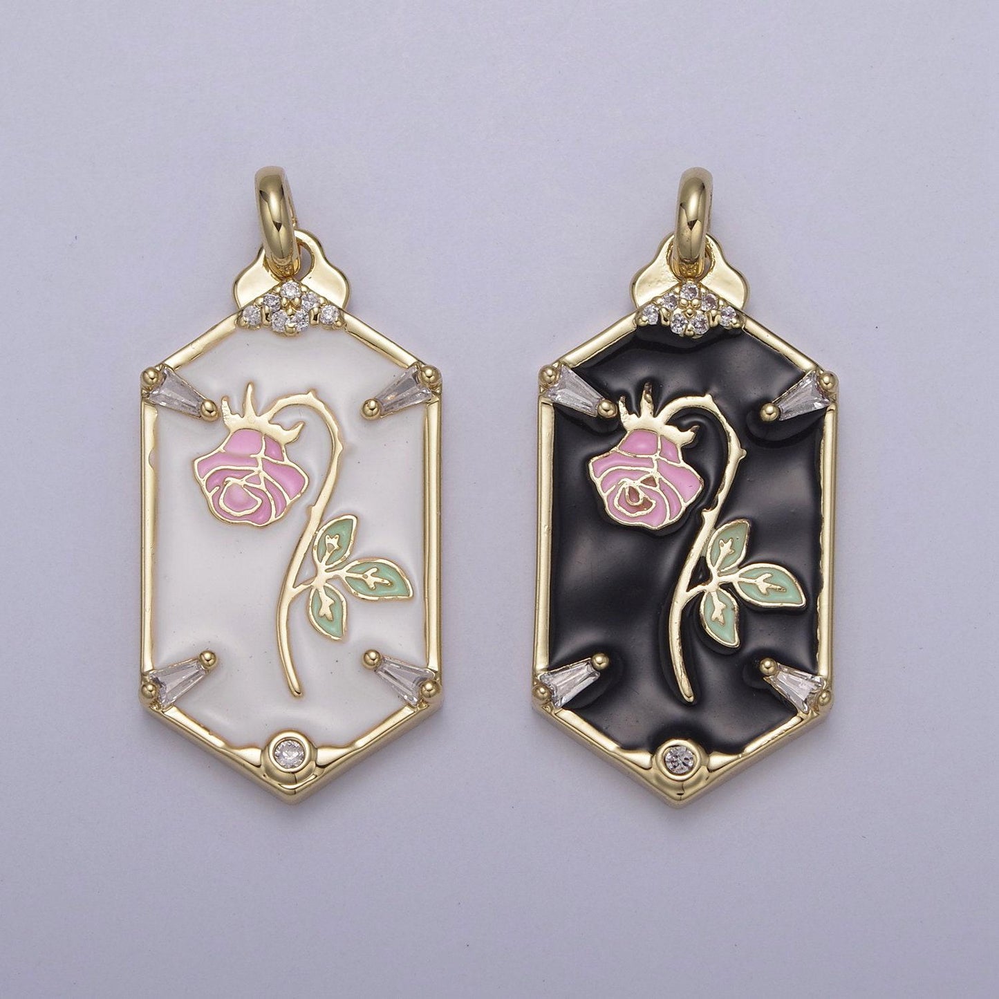 Dainty hexagon pink rose pendant fairytale inspired in black/white | diy fashion charm add on necklace bracelet earring | n-760