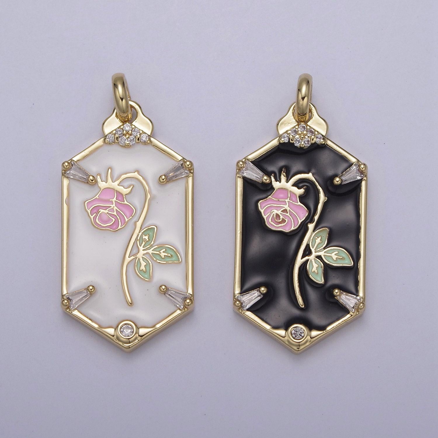 Dainty hexagon pink rose pendant fairytale inspired in black/white | diy fashion charm add on necklace bracelet earring | n-760