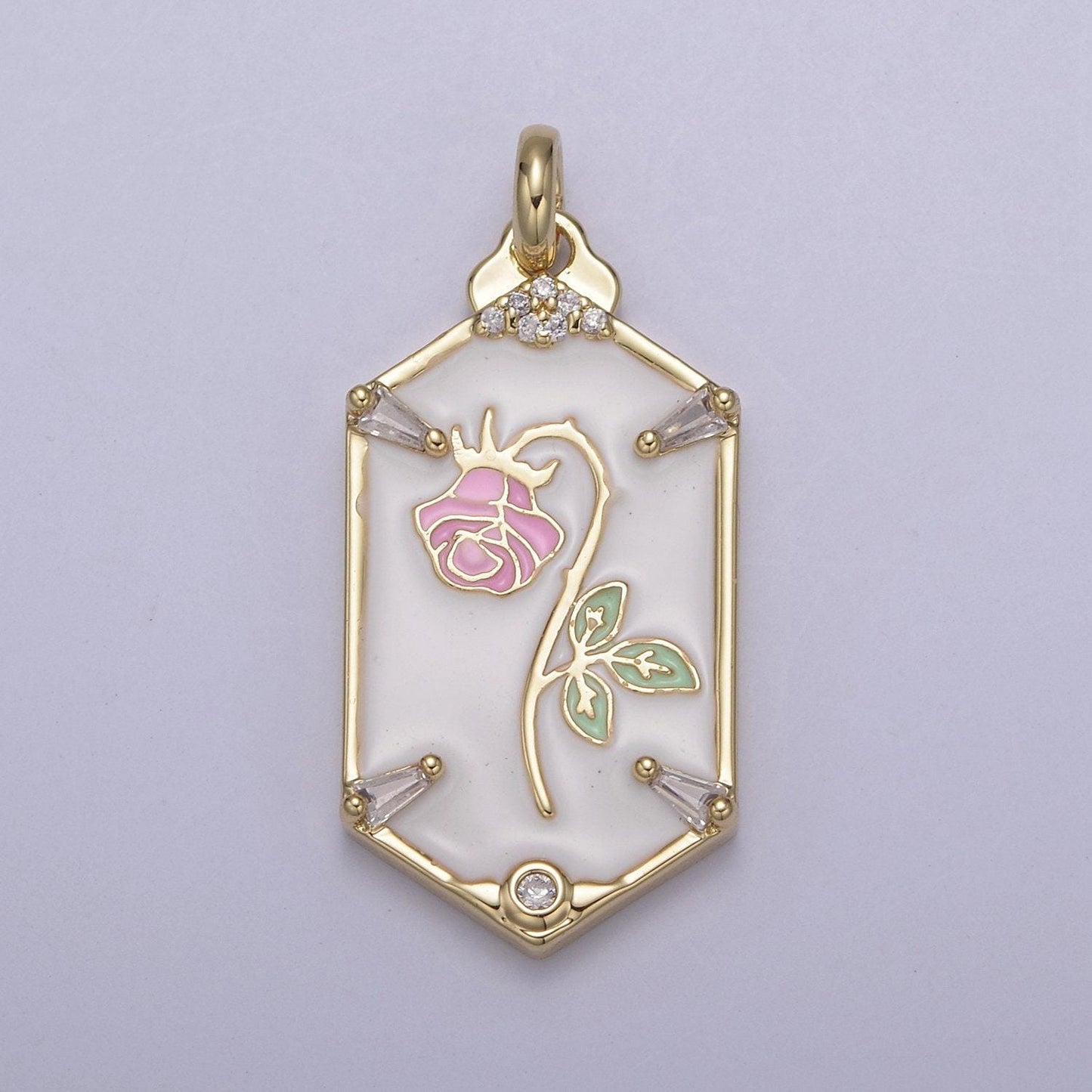 Dainty hexagon pink rose pendant fairytale inspired in black/white | diy fashion charm add on necklace bracelet earring | n-760