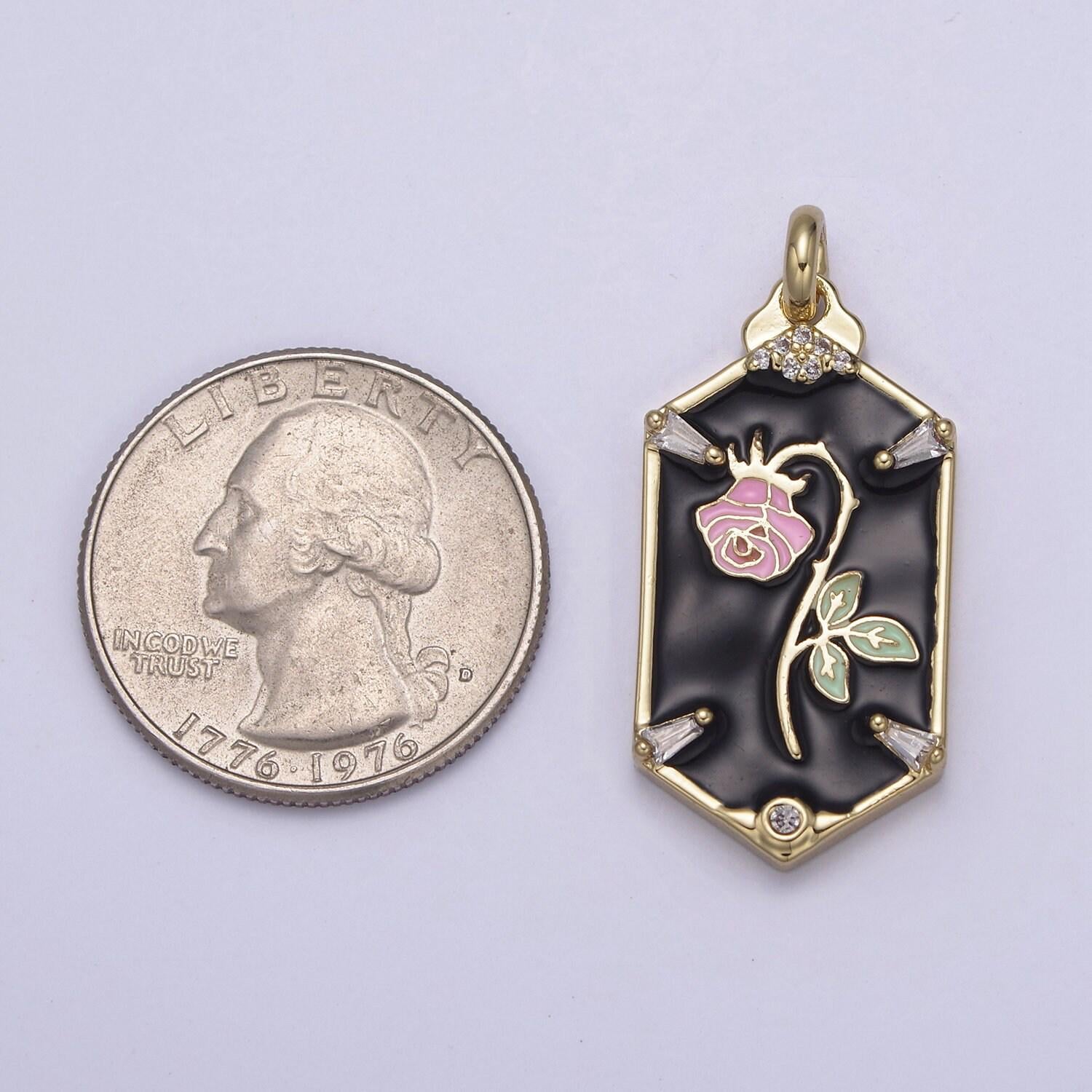 Dainty hexagon pink rose pendant fairytale inspired in black/white | diy fashion charm add on necklace bracelet earring | n-760