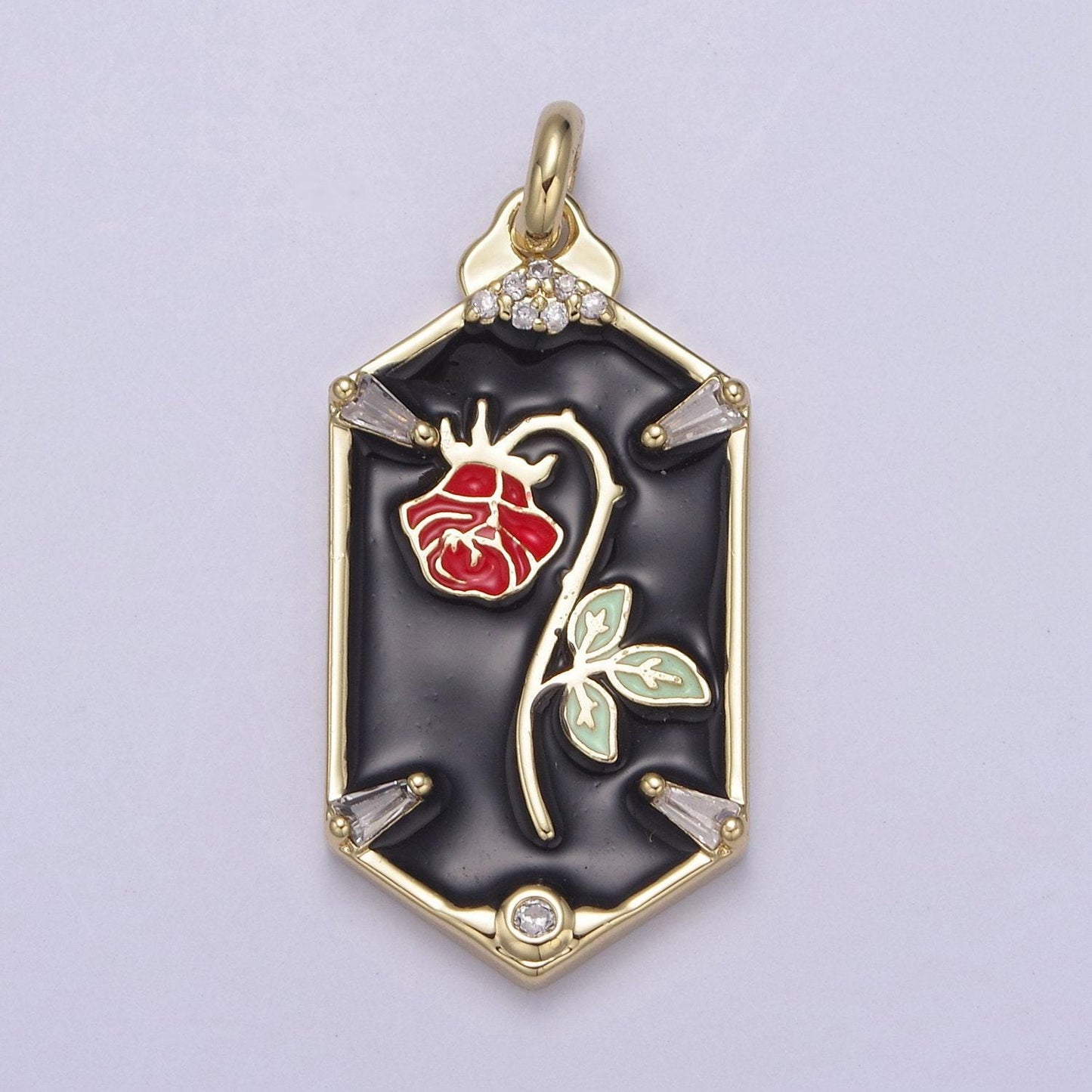 Dainty hexagon red rose pendant fairytale inspired in black/white | diy fashion charm add on necklace bracelet earring | n-759
