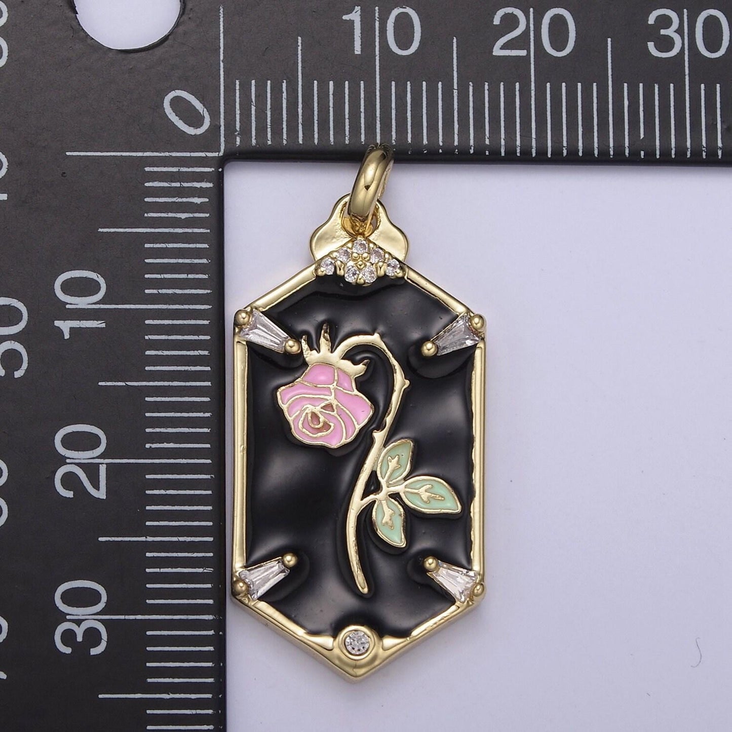 Dainty hexagon pink rose pendant fairytale inspired in black/white | diy fashion charm add on necklace bracelet earring | n-760