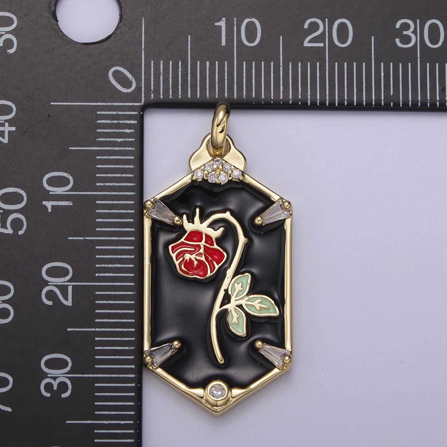 Dainty hexagon red rose pendant fairytale inspired in black/white | diy fashion charm add on necklace bracelet earring | n-759