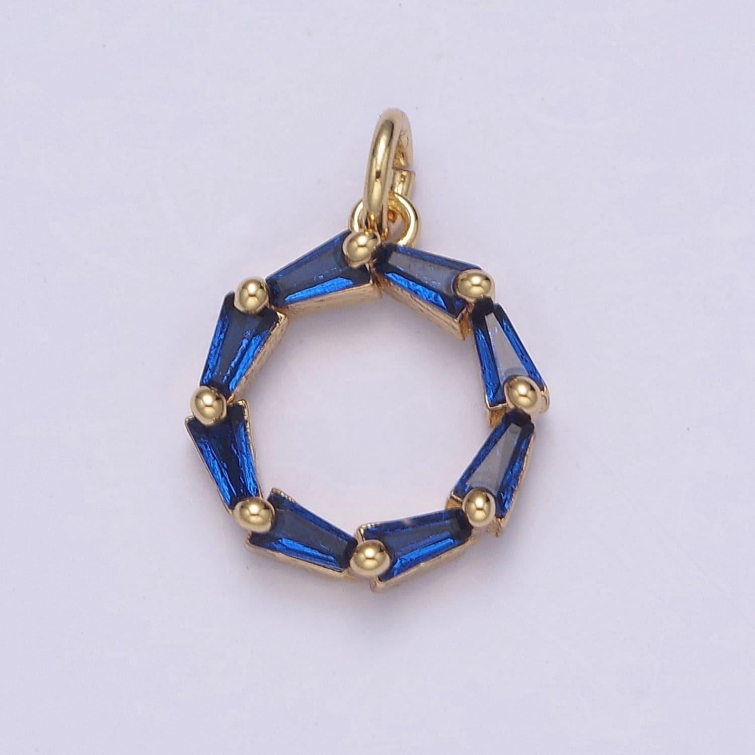 Blue baguette cut cz dainty pendant round loop hoop medallion charm | diy fashion jewelry addon necklace bracelet earring | n-753