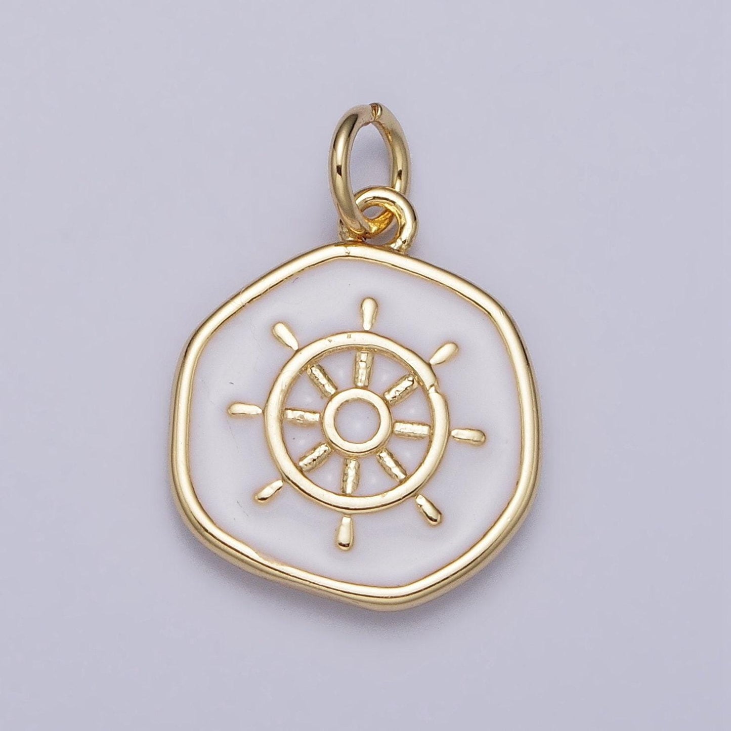 Dainty ship steering wheel pendant with white enamel finish 24k gold filled | diy jewelry charm add on necklace bracelet earring | n-745