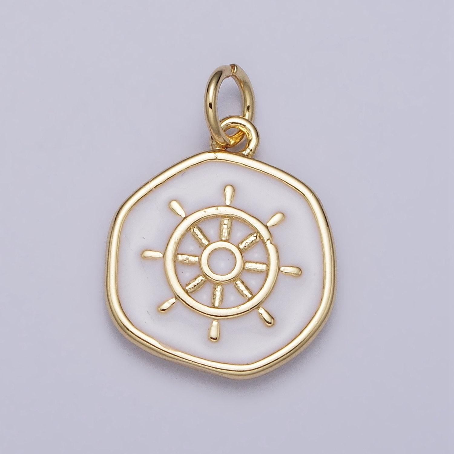Dainty ship steering wheel pendant with white enamel finish 24k gold filled | diy jewelry charm add on necklace bracelet earring | n-745