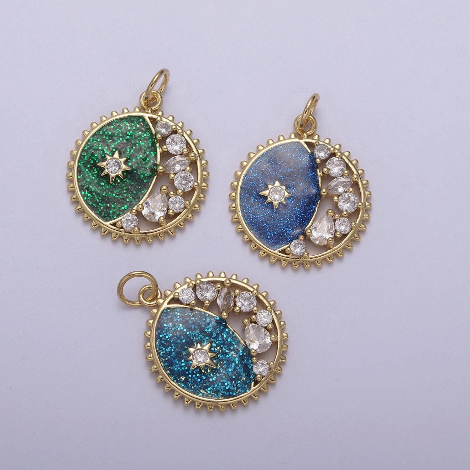 Starburst star glitter sparkle coin charm celestial pendant | diy fashion jewelry add on necklace bracelet earring | n-726