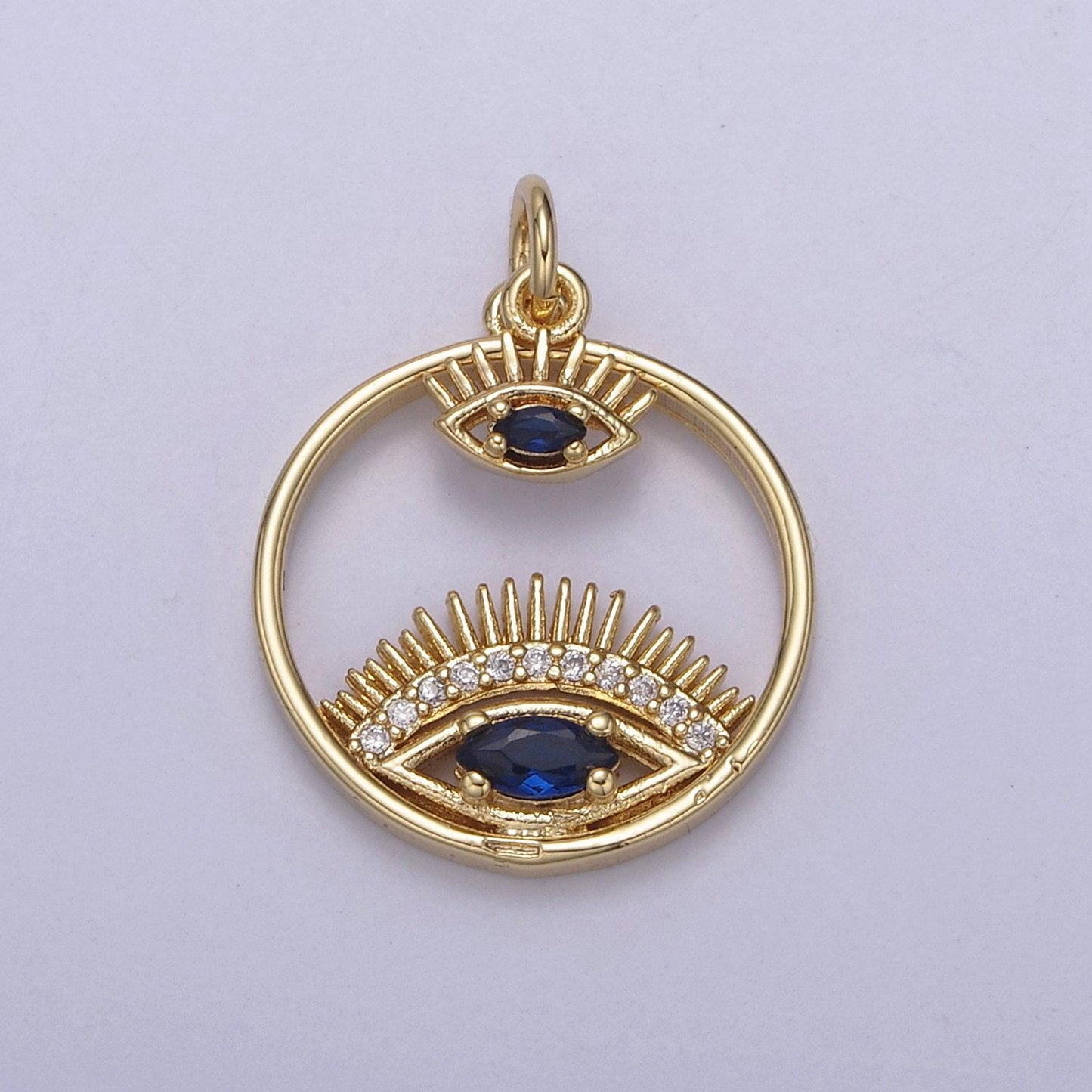 14k gold filled evil eye charm gold disc evil eye pendant, cubic medallion coin, double eye charm, micro pave necklace charm n-698